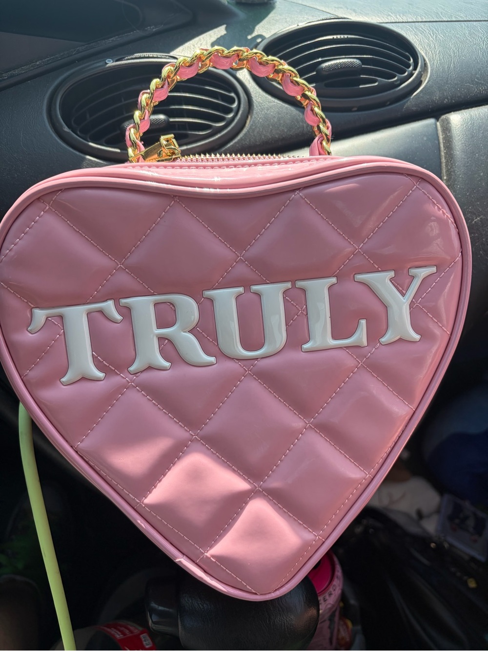 Pink Heart-Shaped Quilted Crossbody Bag with Gold Chain Handle